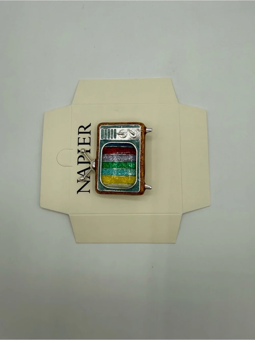 Vintage Napier Retro Television Brooch Pin Color Bar TV Enamel Silver Tone